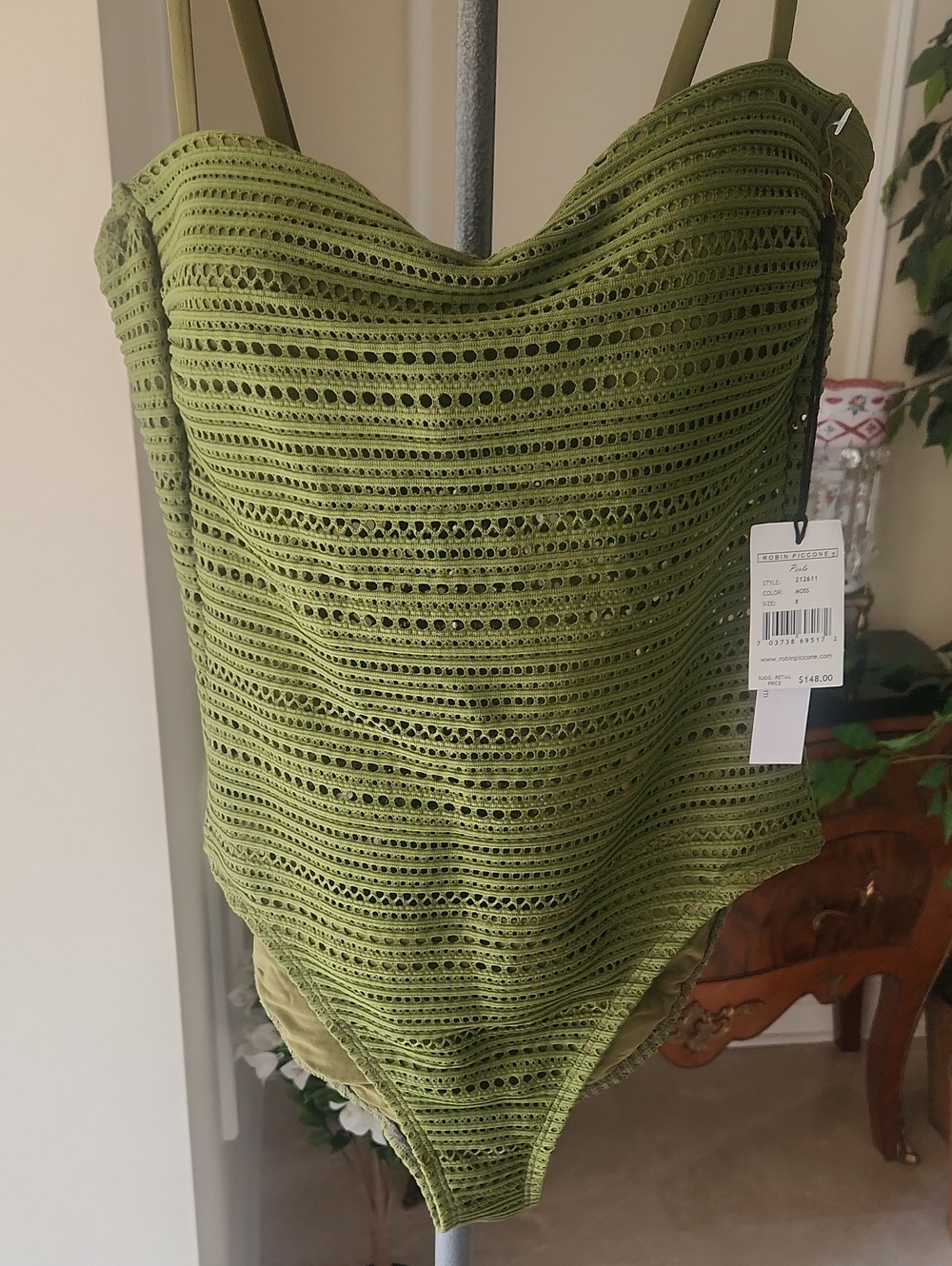 Robin Piccone Crocheted One-Piece Swimsuit.  Moss Green.  New With Tags!